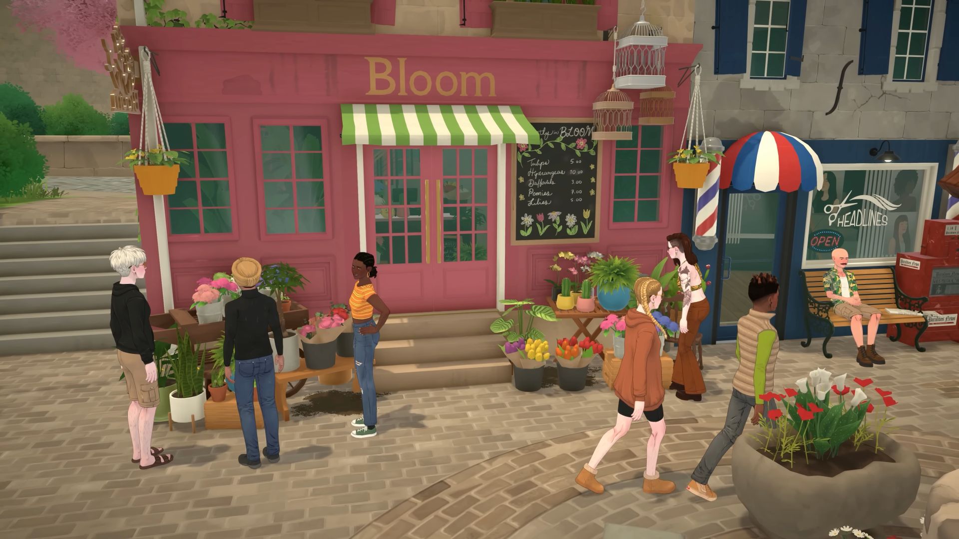 NPCs walking around a quaint little town in Paralives