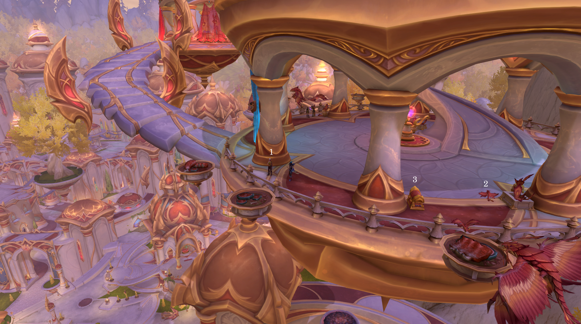 WoW Rookery Cache: A shot of the Sunwing Rookery, with the vendor, bird, and chest numbered in the order you need to interact with them in.