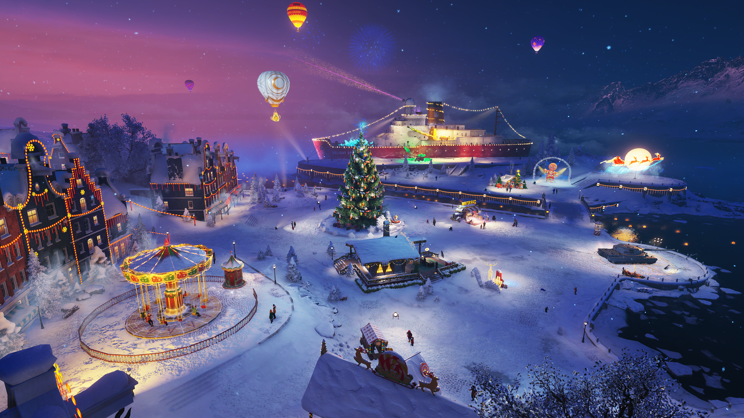 A Christmas scene at night in World of Tanks.