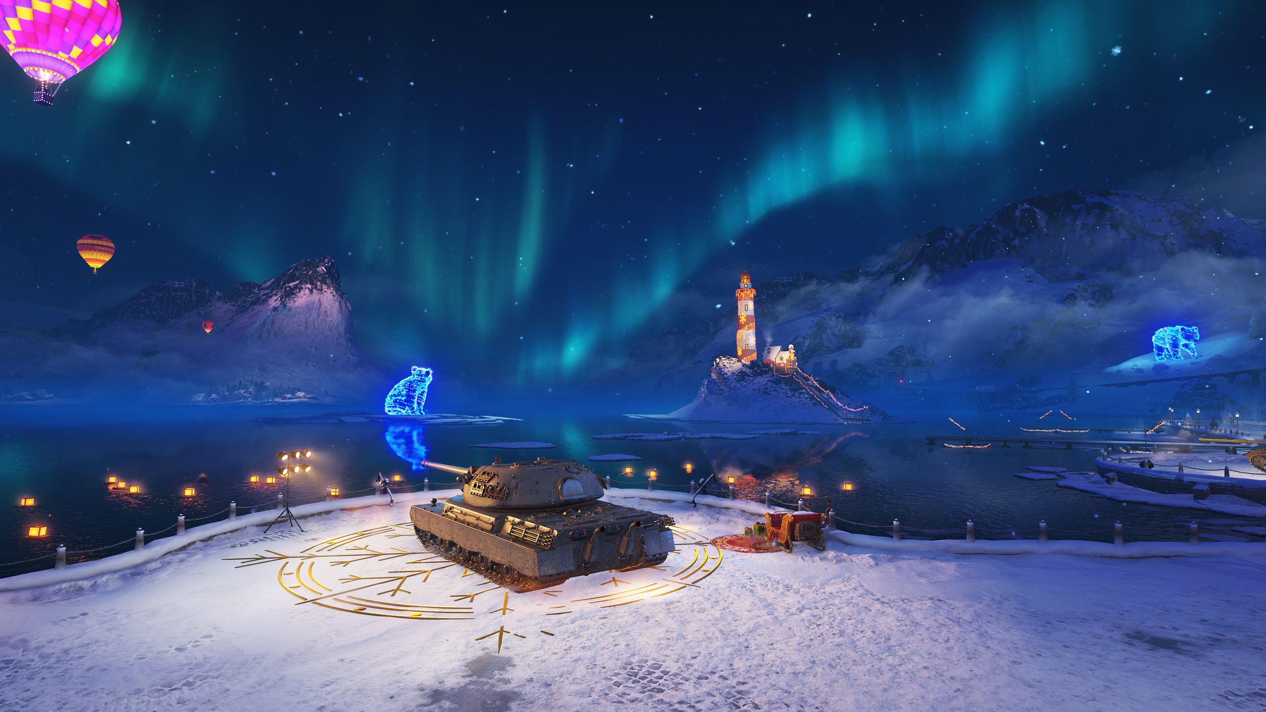 A tank in a Christmas scene in World of Tanks.