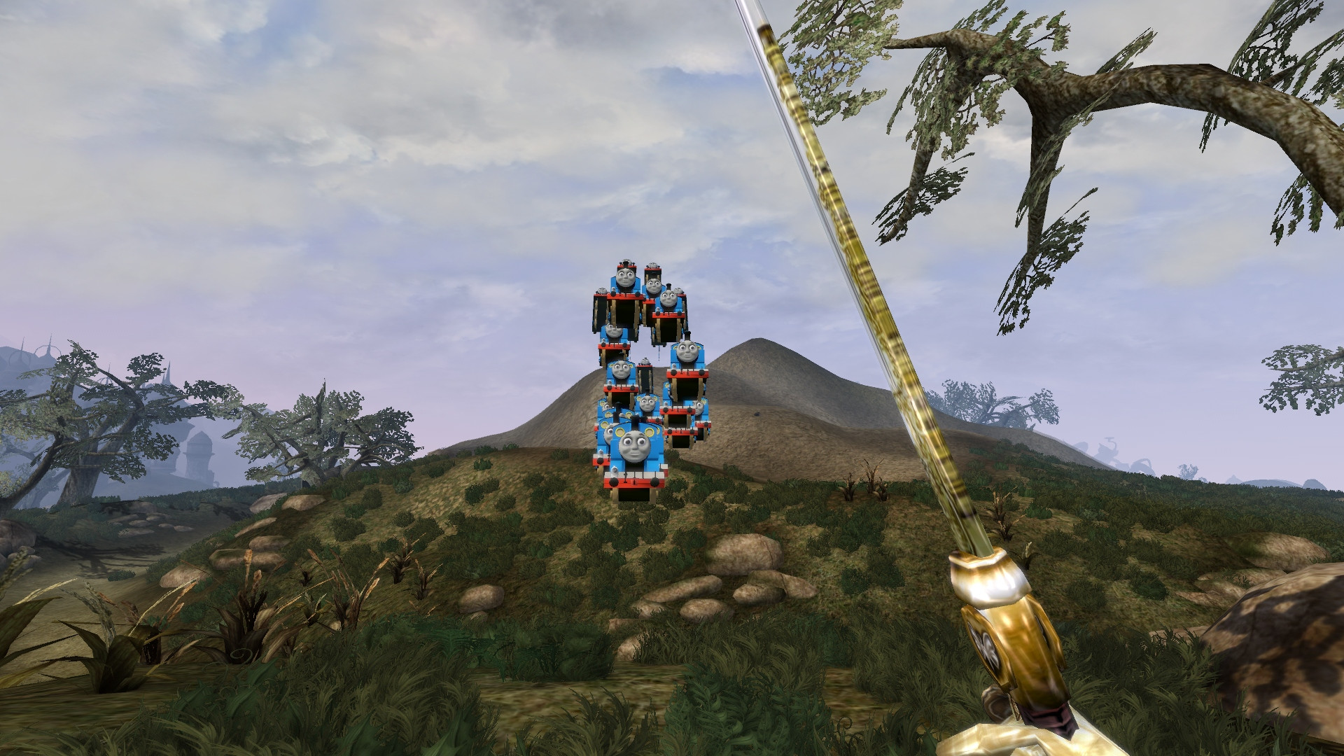 Thomas the Tank Engine flying around in Morrowind.