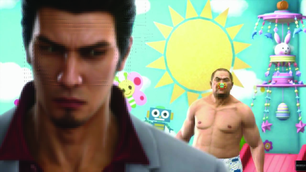 Kiryu looks behind him at a man in a diaper with a pacifier.