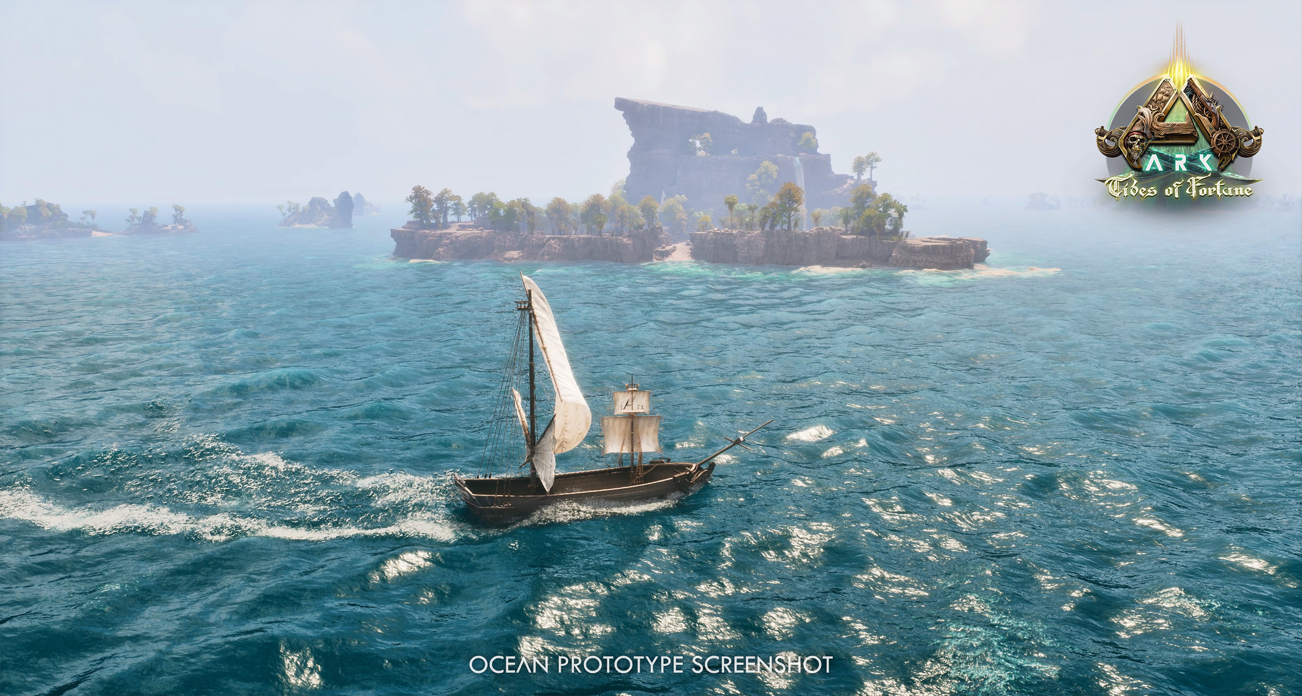 A pirate ship on an ocean in a work-in-progress screenshot from Ark: Survival Ascended