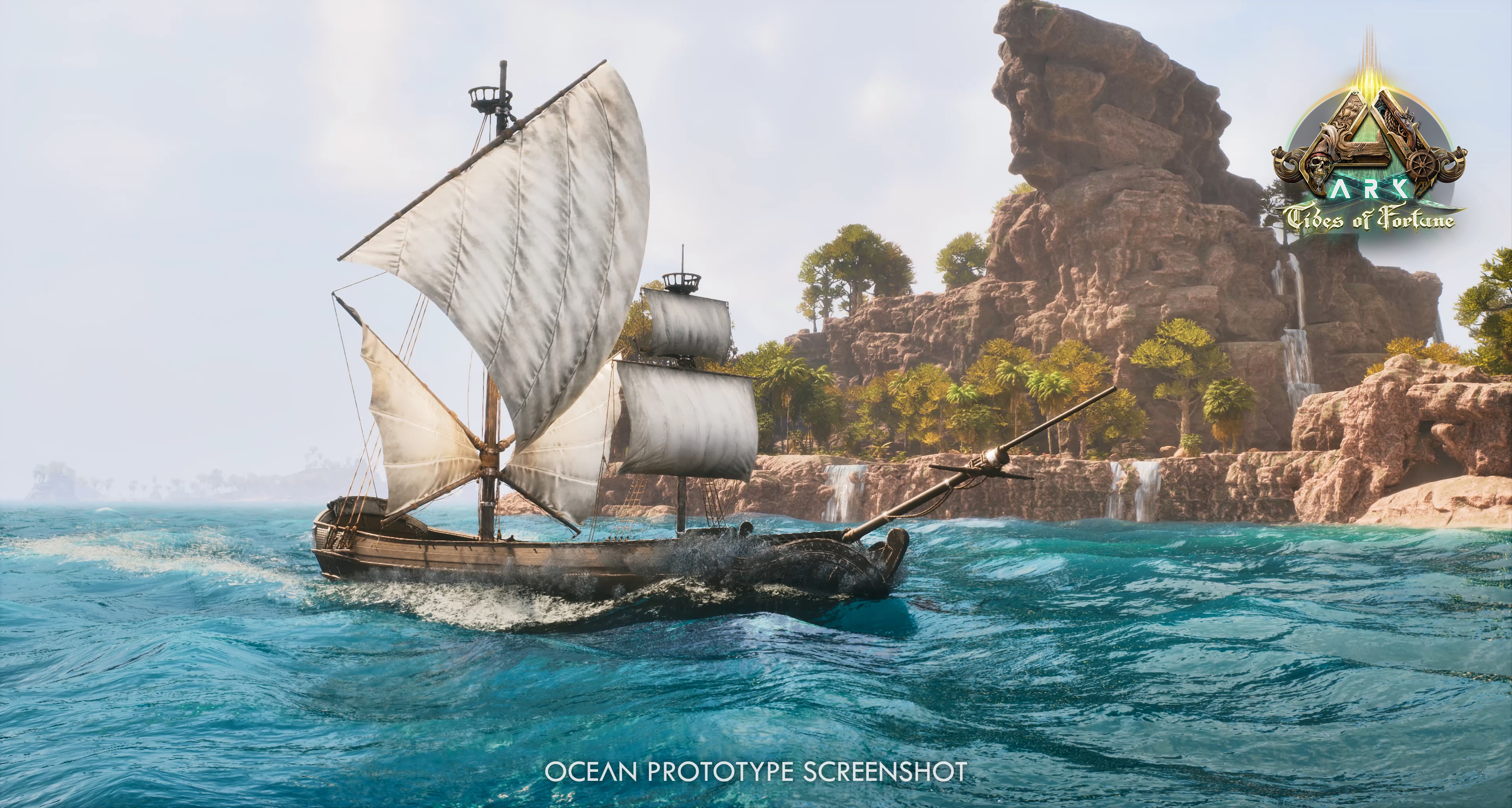 A pirate ship on an ocean in a work-in-progress screenshot from Ark: Survival Ascended