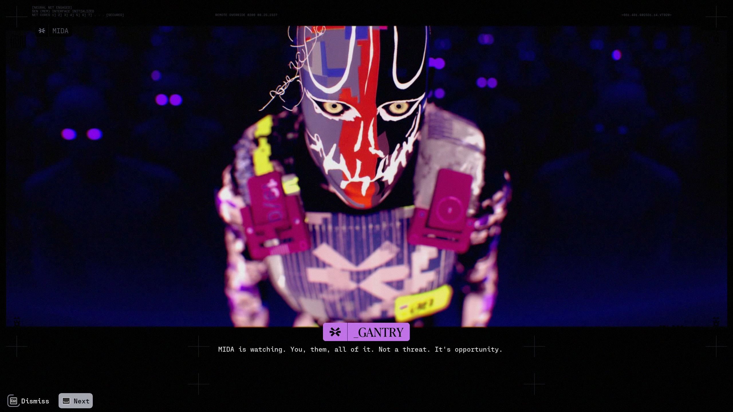 Marathon: MIDA's liaison Gantry talking to the player in the menu.