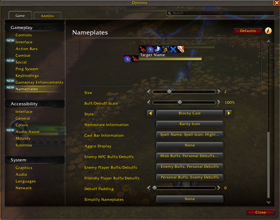 A screenshot of World of Warcraft's nameplate options in World of Warcraft: Midnight.