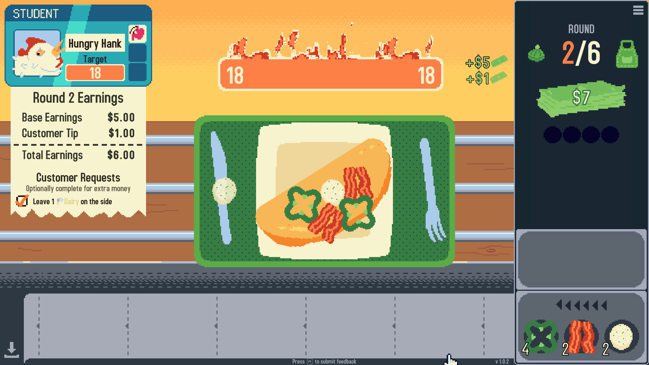 A player assembling an omelette for a chicken, with an empty conveyor belt.