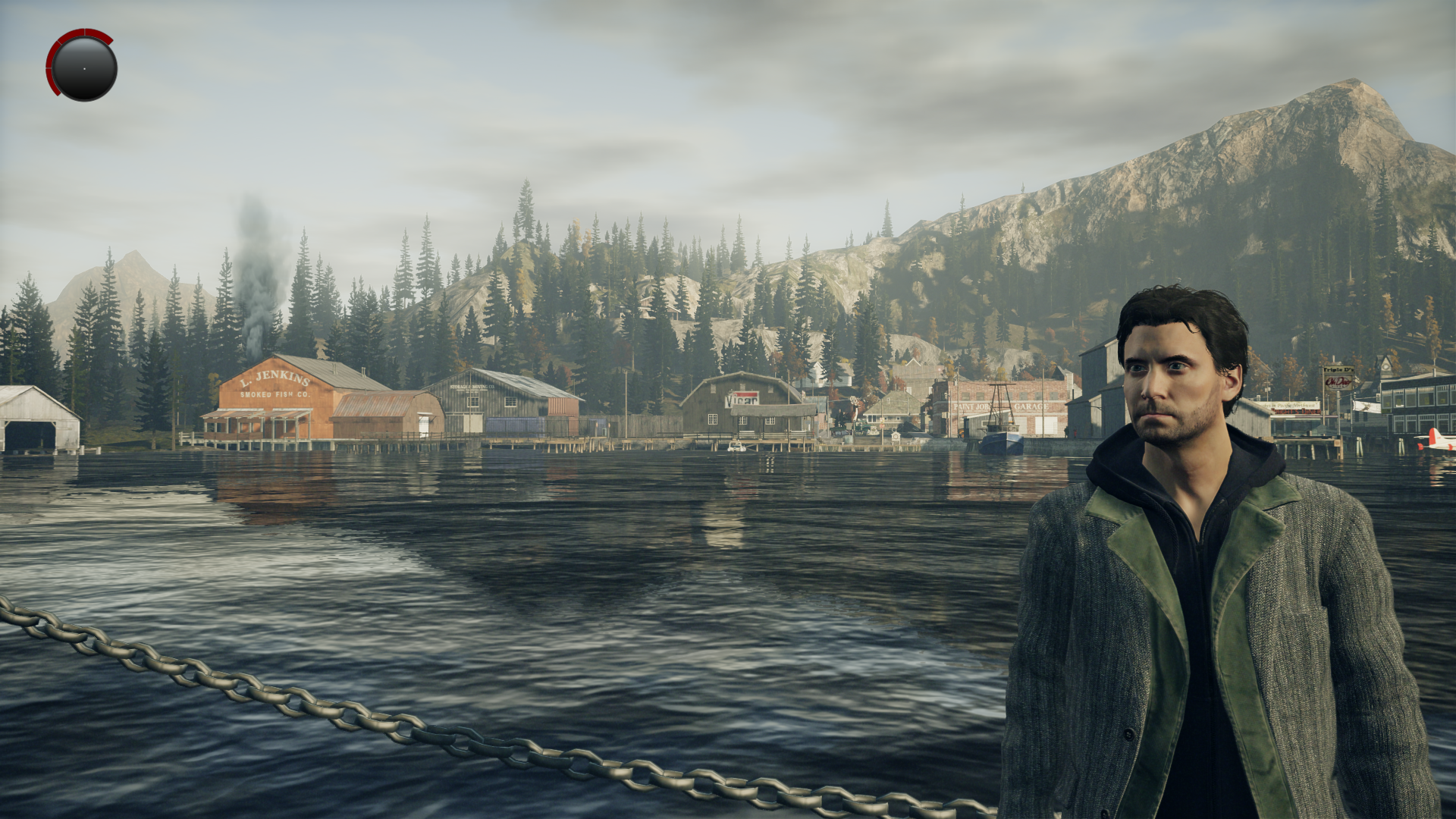 An image of Alan Wake with Bright Falls in the background